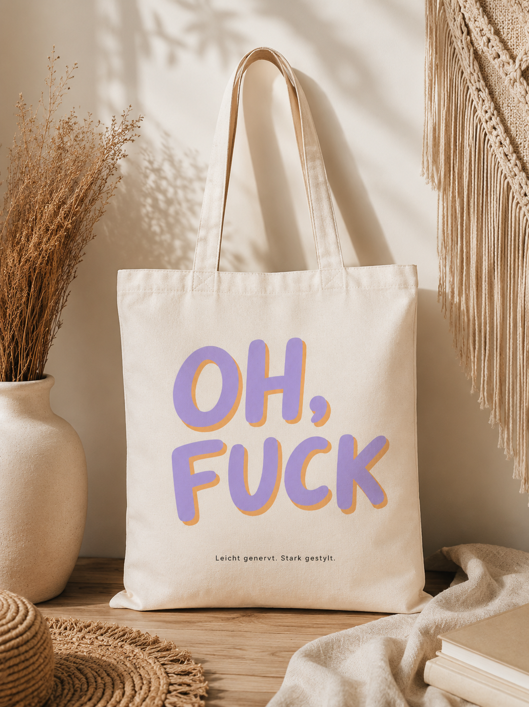 Stoffbeutel „OH, FUCK.“ – Lustige Statement Tote Bag mit Typografie Print | Ästhetische Boho Scandi Shopper Tasche
