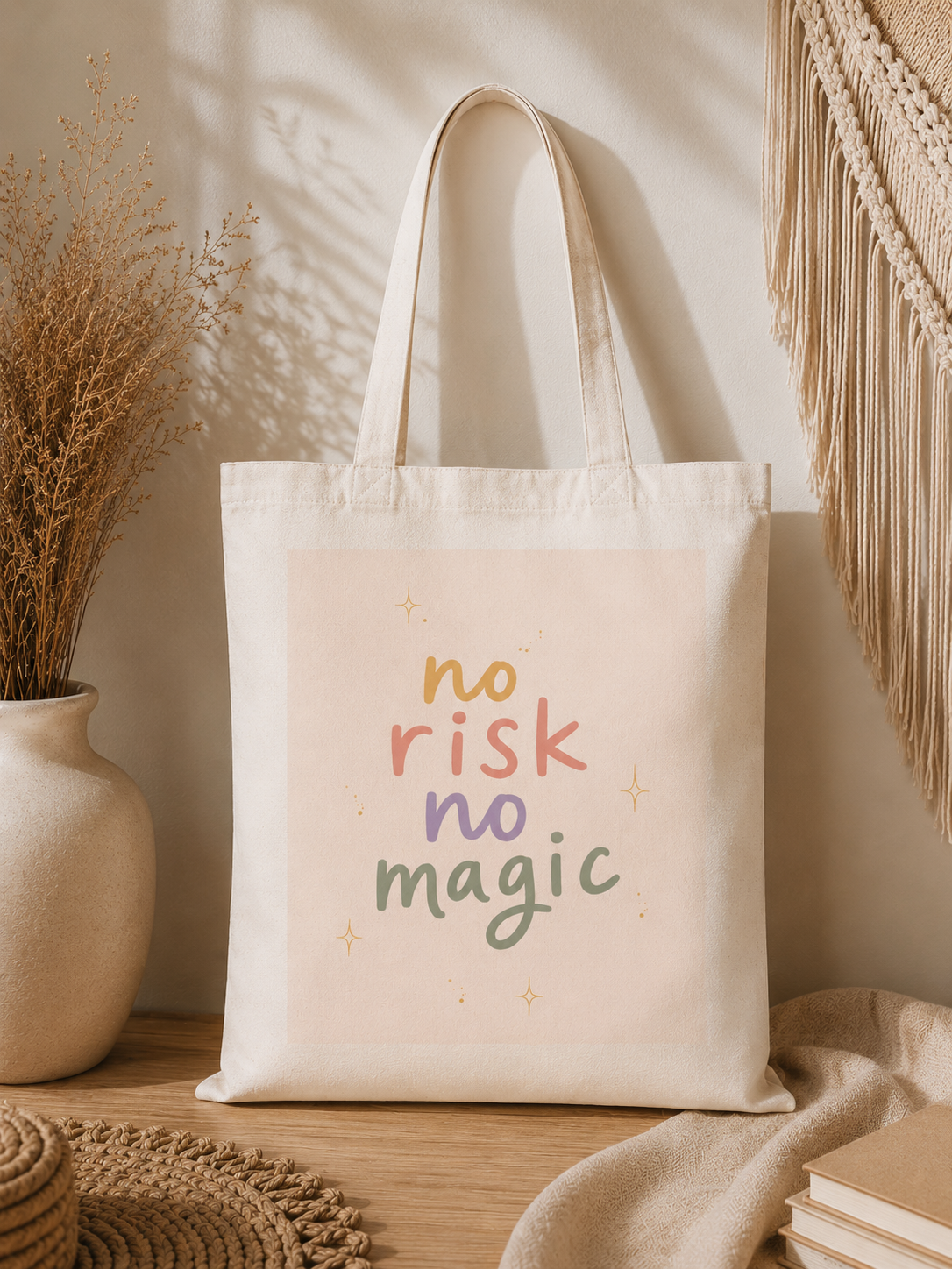Stoffbeutel „No Risk No Magic“ – Ästhetische Tote Bag mit Statement Print | Pastell Shopper im Boho Scandi Stil