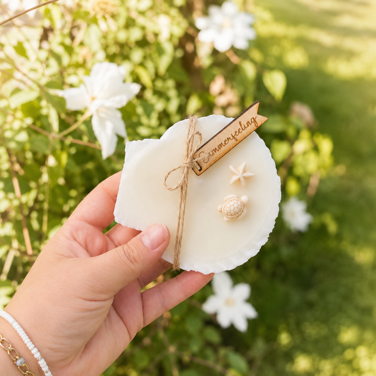 Muschelkerze mit Sommer-Vibes – Handgegossene Deko Kerze im maritimen Design | Geschenkidee Sommer