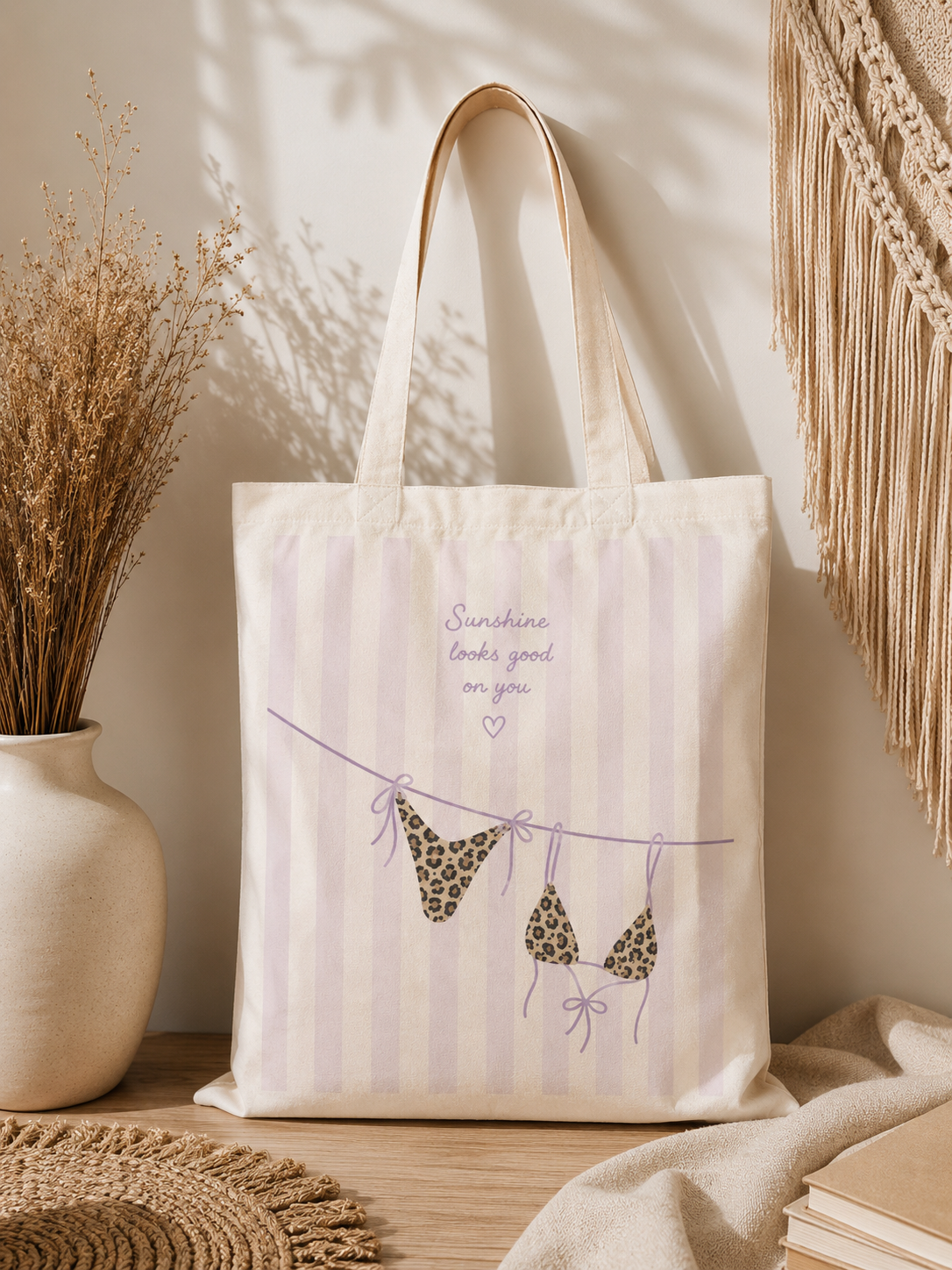 Stoffbeutel „Sunshine Looks Good On You“ – Ästhetische Tote Bag mit Leo Print | Pastell Boho Scandi Shopper Tasche