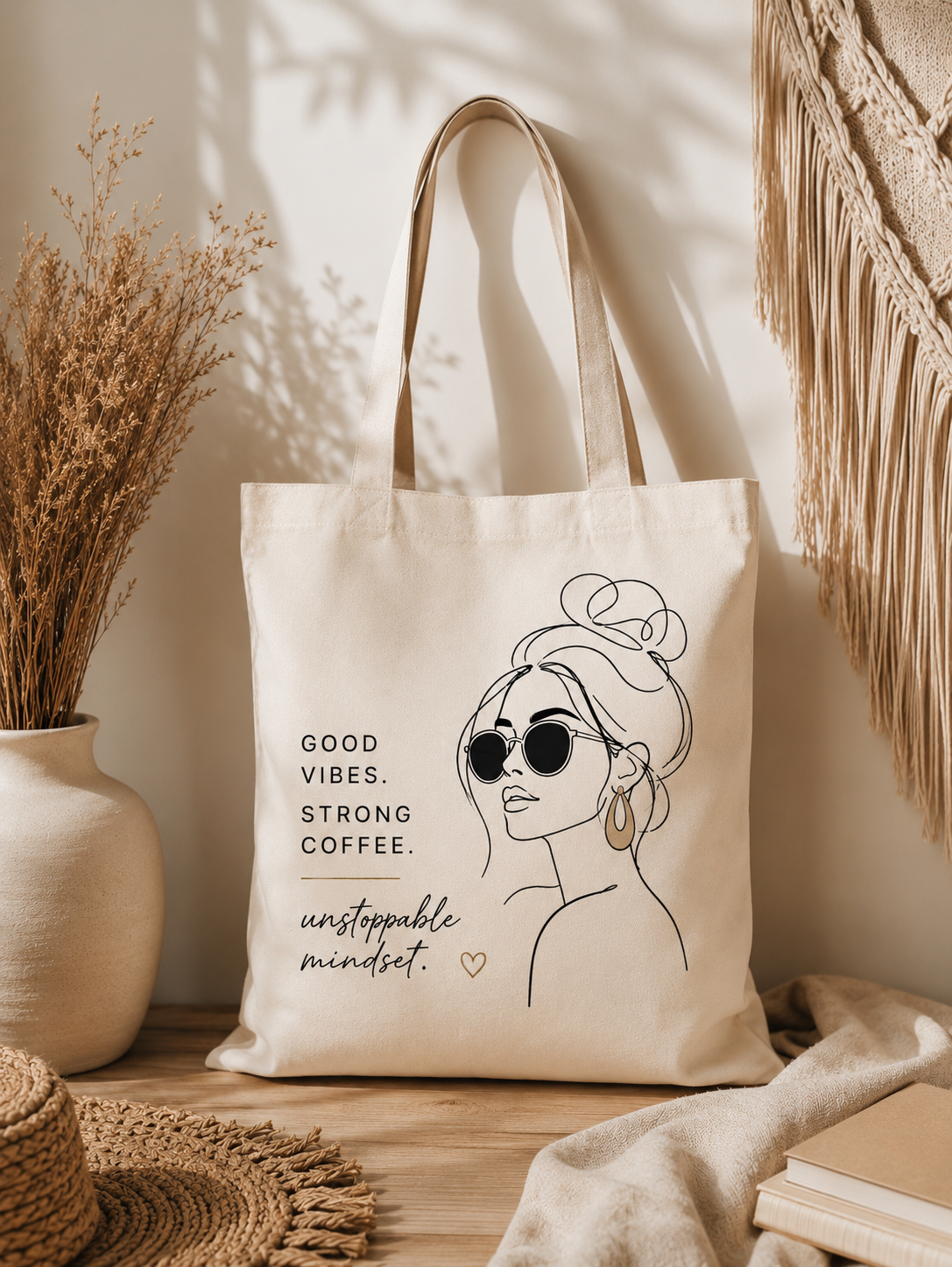 Stoffbeutel „Good Vibes Strong Coffee“ – Ästhetische Tote Bag mit Line Art Print | Boho Scandi Shopper Tasche