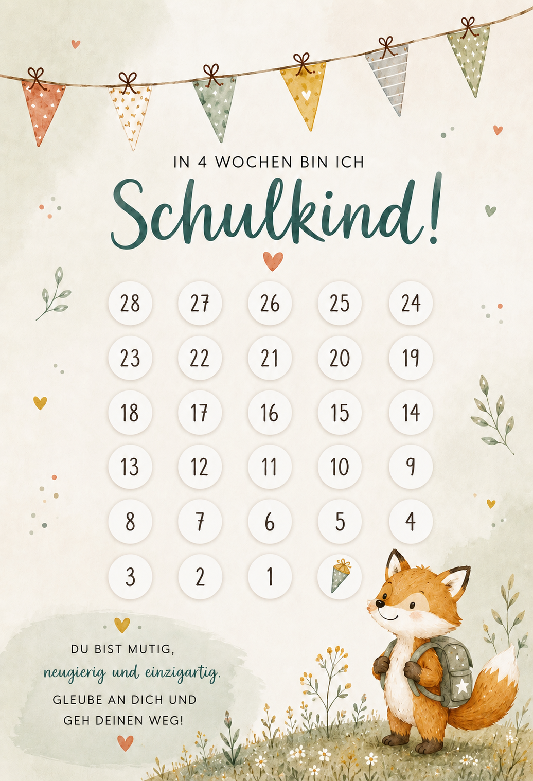 Einschulungs-Countdown – 28 Tage bis zum Schulstart | Abstreichkalender für Kinder | Schulkind Geschenk