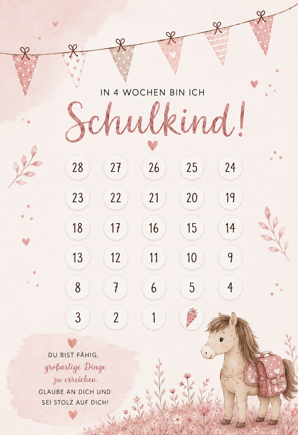 Einschulungs-Countdown – 28 Tage bis zum Schulstart | Abstreichkalender für Kinder | Schulkind Geschenk