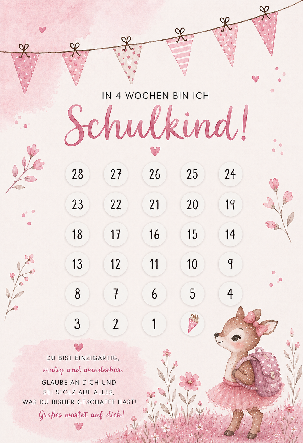 Einschulungs-Countdown – 28 Tage bis zum Schulstart | Abstreichkalender für Kinder | Schulkind Geschenk