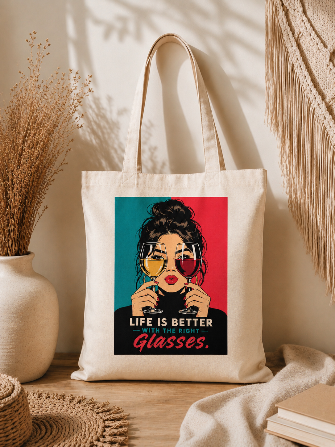 Stoffbeutel „Life Is Better With The Right Glasses“ – Trendige Tote Bag mit Fashion Print | Pop Art Shopper Tasche