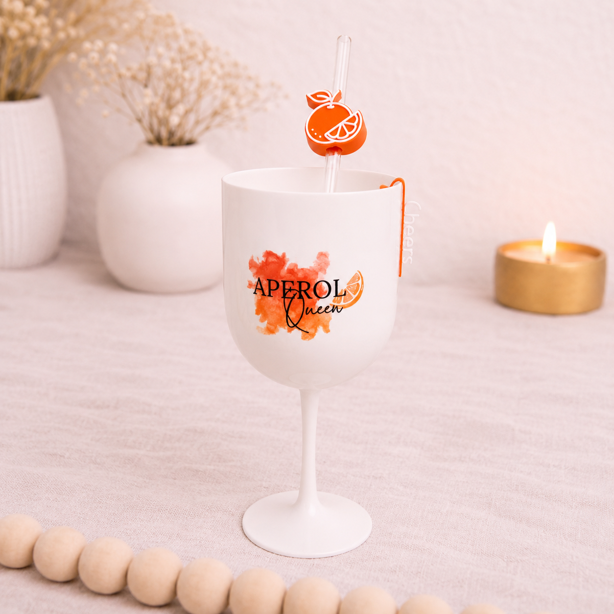 Aperol Queen Glas mit Glasstrohhalm & Cheers Anhänger | Aperol Spritz Geschenk | Cocktailglas für Aperol Fans