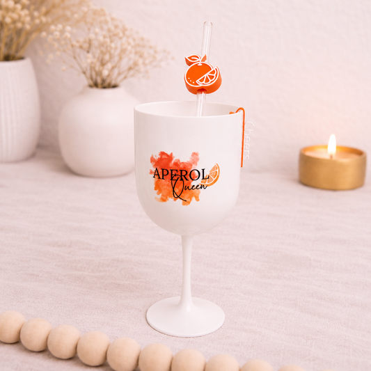 Aperol Queen Glas mit Glasstrohhalm & Cheers Anhänger | Aperol Spritz Geschenk | Cocktailglas für Aperol Fans